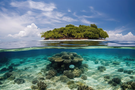 float island with crystal-clear water, surrounded by tropical reef, created with generative aiの素材
