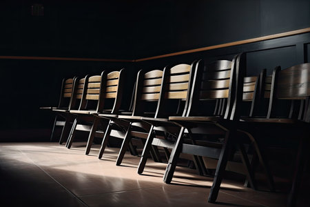 an empty room with a row of wooden chairs and blackboard in the background, created with generative aiの素材