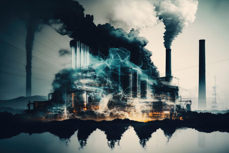 energy industry double exposure with steam and smoke rising from power plant or oil refinery, created with generative aiの素材