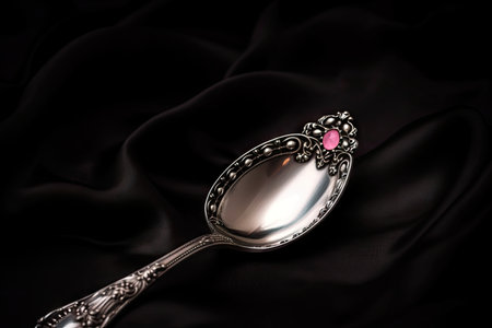 antique silver spoon on black background, with a touch of pink, created with generative aiの素材