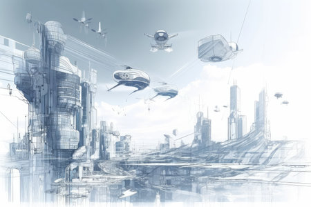 architectural blueprint of futuristic city with flying cars and hoverbikes, created with generative aiの素材