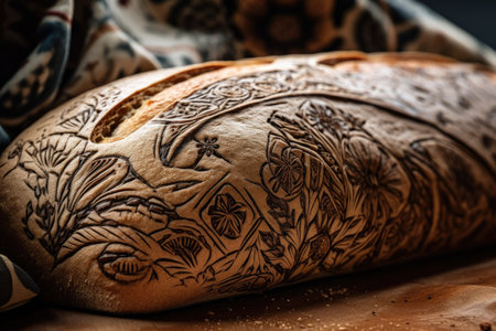 close-up of loaf, with intricate and beautiful designs created by scoring, created with generative aiの素材