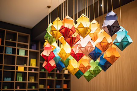 creative and colorful origami lantern hanging from the ceiling, created with generative aiの素材
