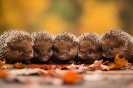 row of baby hedgehogs with their noses twitching in a pile of autumn leaves, created with generative aiの素材