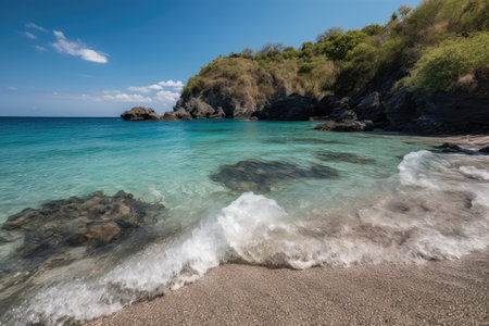 a hidden beach, with crystal-clear water and rolling waves, created with generative aiの素材
