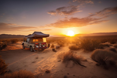 vibrant sunrise over the desert, with van and tent in the distance, created with generative aiの素材