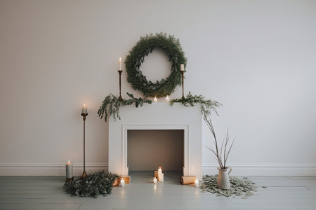 a minimalist fireplace with a simple wreath and candlelight for the holiday season, created with generative aiの素材