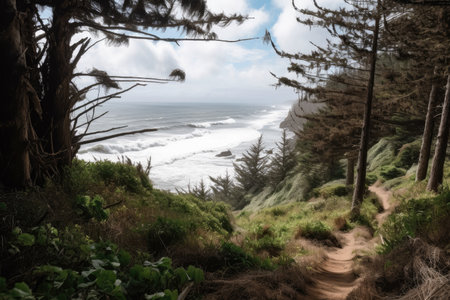 forest , with view of crashing waves and the beach, created with generative aiの素材