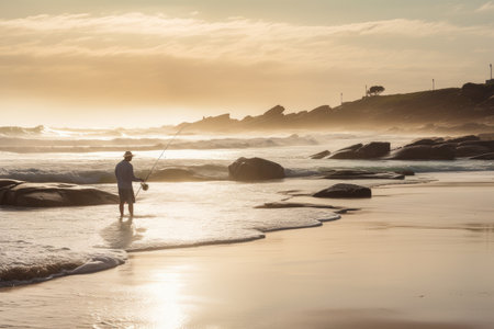 beach with fisherman casting his line into the water, created with generative aiの素材