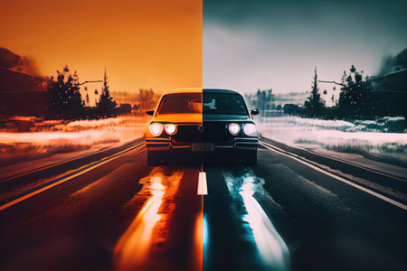 two cars driving side by side, with blurred backgrounds, created with generative aiの素材
