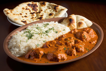 platter of chicken tikka masala, with basmati rice and naan, created with generative aiの素材