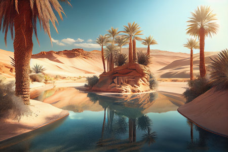 oasis in the desert, with crystal-clear pool of water and palm trees in the background, created with generative aiの素材