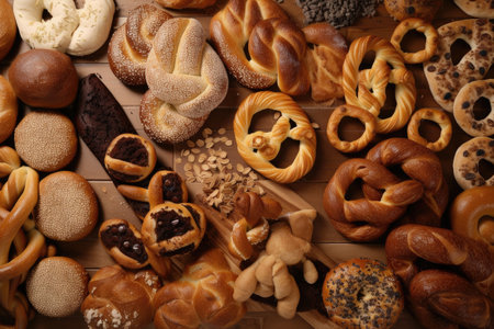 a variety of breads, including bagels and pretzels, shaped and scored for baking, created with generative aiの素材