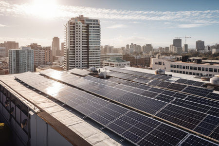 solar panel installation on the roof of an office building with a view of the city, created with generative aiの素材