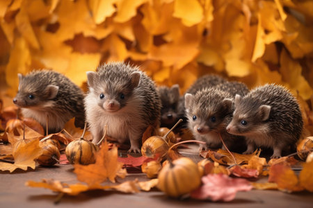 group of baby hedgehogs climbing and playing in pile of autumn leaves, created with generative aiの素材