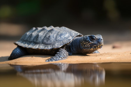 baby turtle basking in the warm sunlight, before embarking on its journey to the ocean, created with generative aiの素材