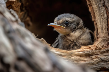 baby bird peeking out of its nest, curious and observant, created with generative aiの素材