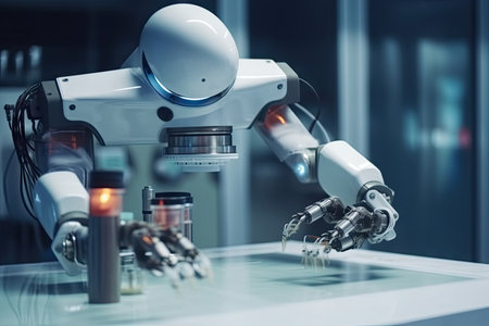 robot scientist, performing scientific experiments and tests in laboratory, created with generative aiの素材