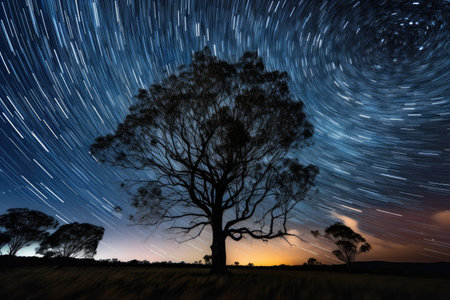 night sky, with stars and the moon shining brightly, and trails of colorful starlight, created with generative aiの素材