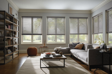 casement windows, with blinds that automatically move up and down to control the amount of natural light, created with generative aiの素材