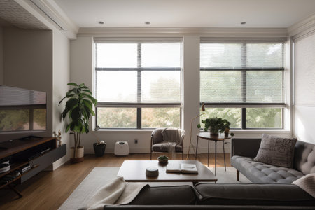 smart window with built-in blinds, shades, and other automated features, created with generative aiの素材