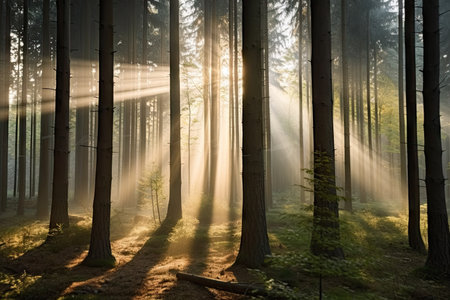 foggy forest at dawn with rays of sunshine shining through the trees, created with generative aiの素材