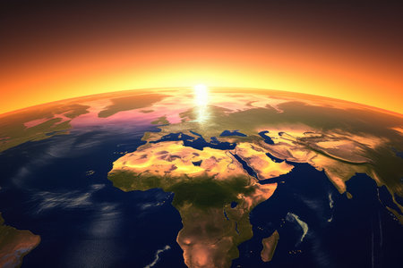 sunrise over world map with continents and oceans visible, created with generative aiの素材