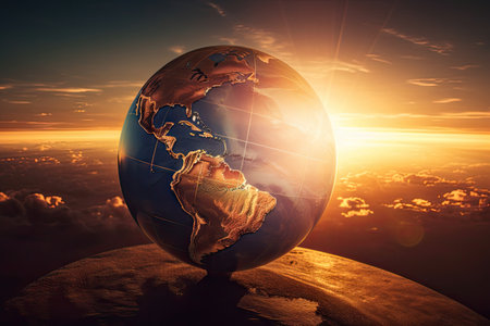 world sunrise, with the sun peeking over the horizon and illuminating the globe, created with generative aiの素材