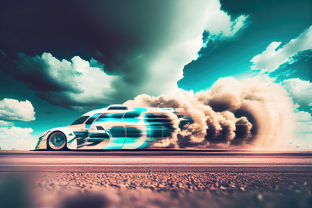 double-exposure photograph of car on track with blurred motion of wheels, clouds and sky in the background, created with generative aiの素材
