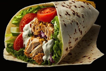 chicken shawarma wrap with lettuce, tomato, and hummus, created with generative aiの素材