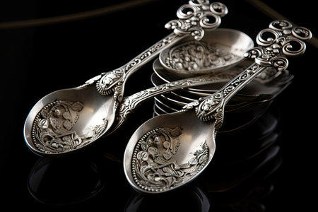 pair of silver spoons, with intricate scrollwork and embellishments, tied together with ribbon, created with generative aiの素材