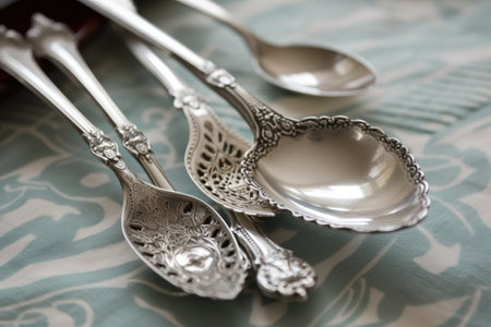 antique silver spoons with delicate, lacy designs, created with generative aiの素材