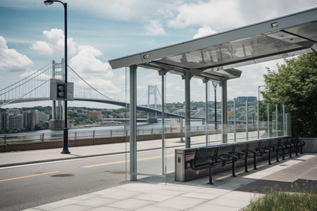 bus stop with view of bridge and city skyline in the background, created with generative aiの素材
