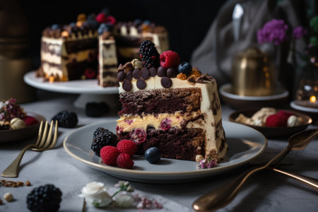 a simple slice of cake, decorated with a delicious mix of flavors and textures, is the perfect ending to a decadent dessert table, created with generative aiの素材