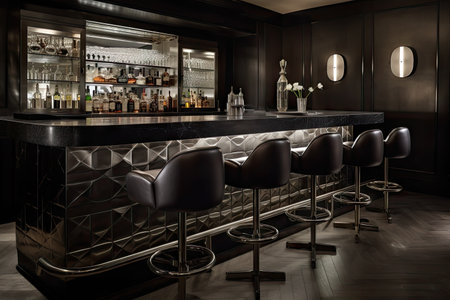 bar with sleek stainless steel countertop, black leather barstools and glass bottles for drinks, created with generative aiの素材