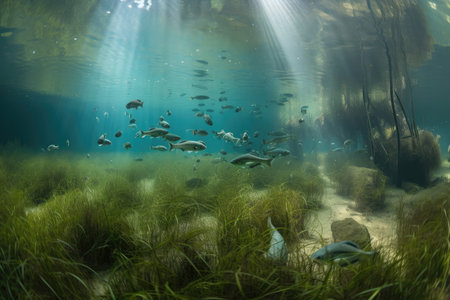 aquatic plants and seagrasses carpeting the bottom of a lake, with schools of fish swimming above, created with generative aiの素材