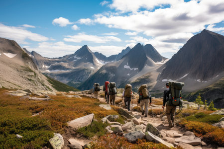 group of backpackers hiking along mountain range, with view of peaks in the distance, created with generative aiの素材