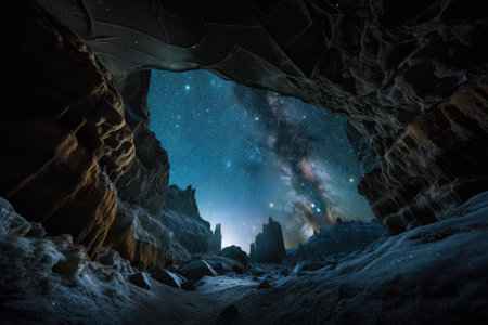 frozen cavern, with view of distant star field, and a glimpse of the night sky, created with generative aiの素材