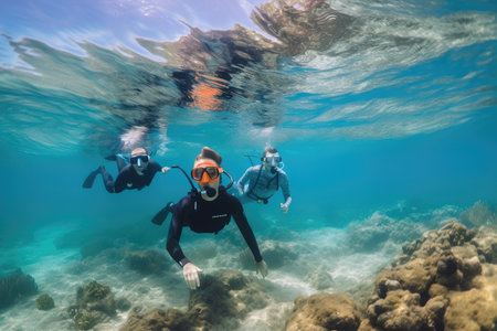 snorkeler and scuba diver, side by side, exploring seascape, created with generative aiの素材