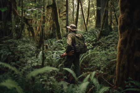 person, tracking animal through dense forest, created with generative aiの素材