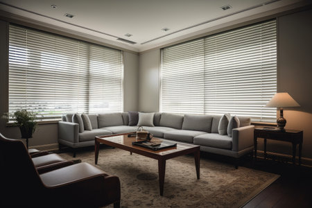 room, with blinds and window treatments that automatically open and close to provide privacy and light, created with generative aiの素材