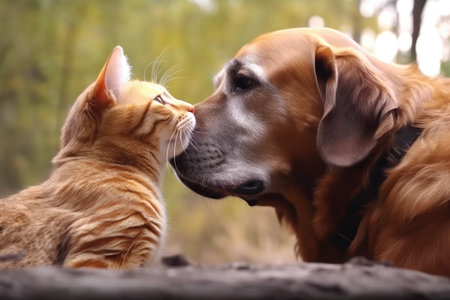 cat and dog in a romantic scene, with slow motion and dreamy music, created with generative aiの素材
