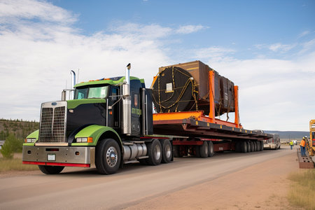 mining equipment being transported by truck to new site, created with generative aiの素材