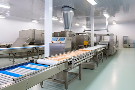 modern factory, with conveyor belts and machines for mass production of food, created with generative aiの素材