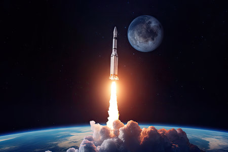 rocket launch, with view of earth visible on the horizon, against backdrop of stars and planets, created with generative aiの素材