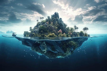 surreal float island surrounded by beautiful and serene underwater ocean scenery, created with generative aiの素材