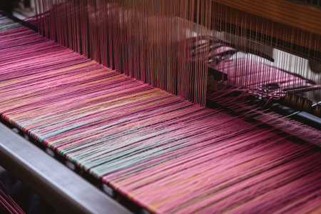 close-up of fabric being woven on loom, created with generative aiの素材