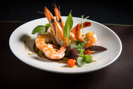 plate of tiger shrimp prawns, beautifully presented for the ultimate dining experience, created with generative aiの素材
