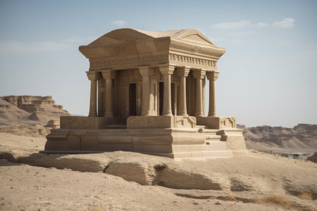 stone temple depicting the reign of an ancient desert kingdom, surrounded by oasis, created with generative aiの素材