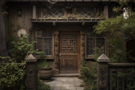 old house with intricate wooden door and lattice window, created with generative aiの素材